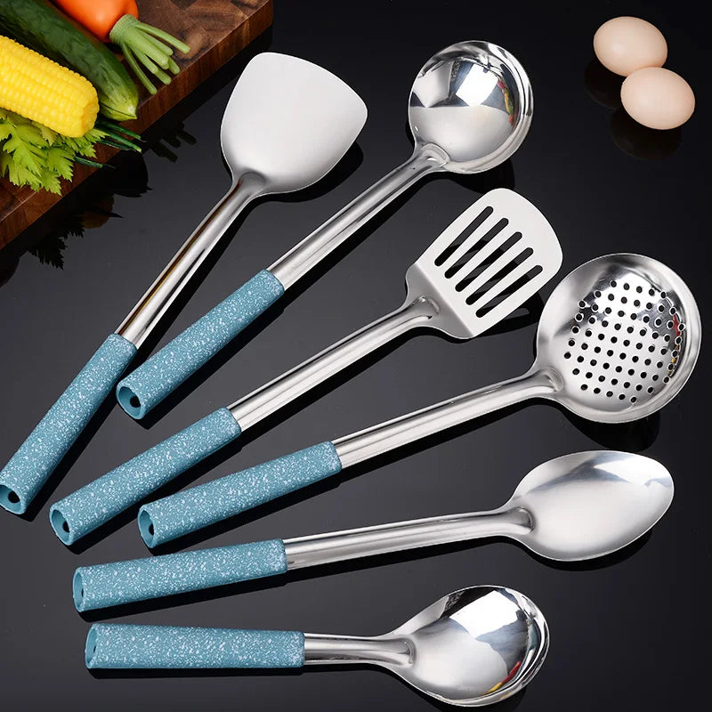 6Pcs Nordic Style Stainless Steel Cooking Utensils Set Blue Wheat Straw PP Handle Spatula Ladle Skimmer Kitchen Tool For Home