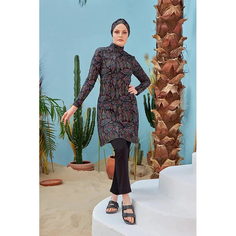 2024 New Leaf Digital Print Three-Piece Conservative Muslim Burkini Moderate Coverage Swimsuit for Plus Size Women
