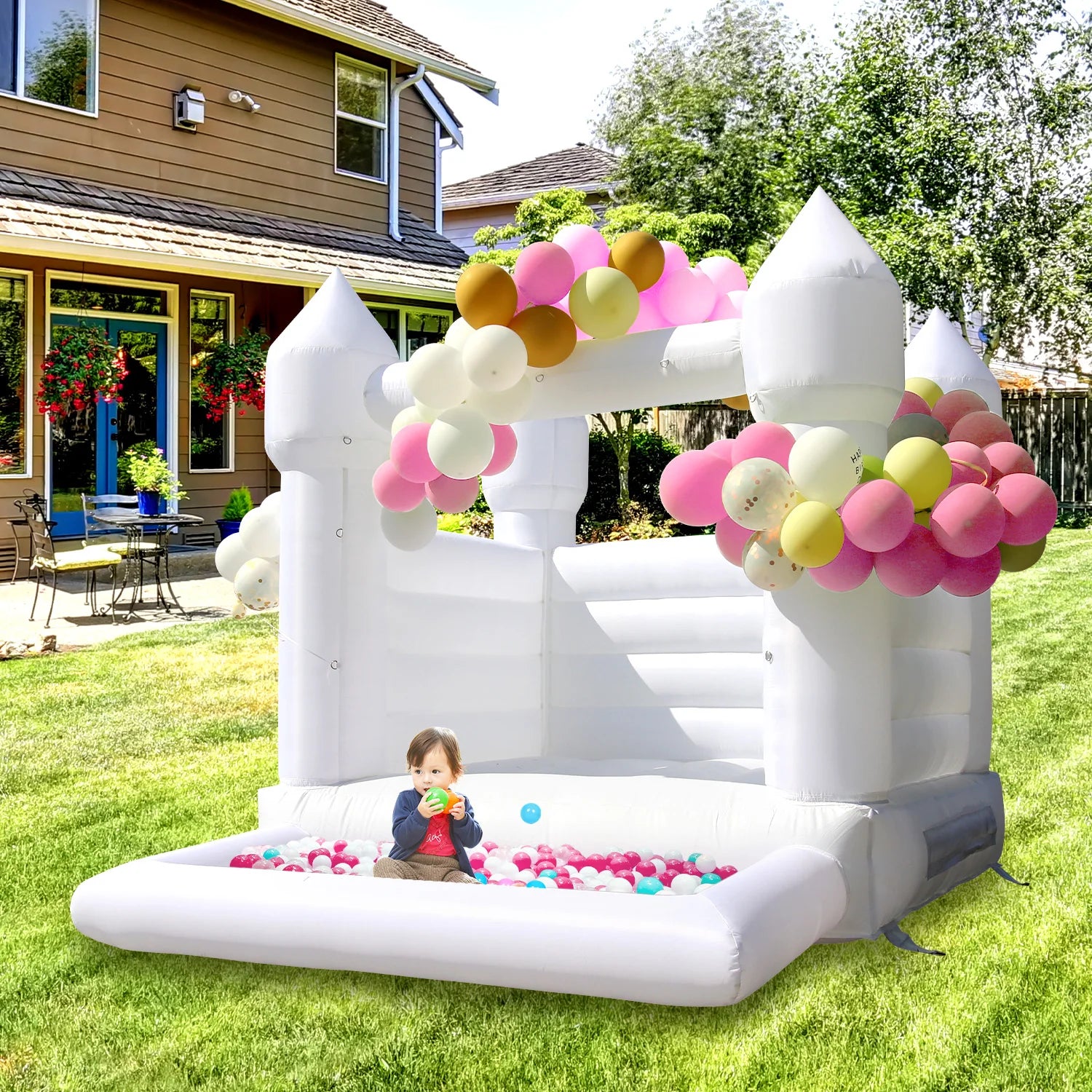 10x8x8ft White Inflatable Bouncer House Castle Mini Bouncy Castle with Pool and Blower