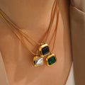 18K Gold Plated Geometric Square Emerald Zircon Pendant Fashion Stainless Steel Choker Necklace for Women