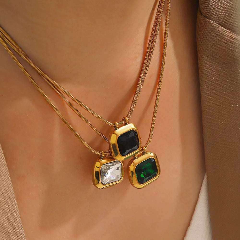 18K Gold Plated Geometric Square Emerald Zircon Pendant Fashion Stainless Steel Choker Necklace for Women