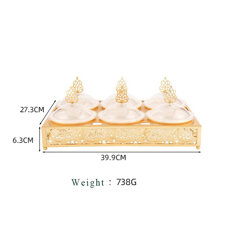 2026 New Arrival Light Luxury Gold Metal Serving Tray Dry Fruit and Nuts Compartment Snack Dish with Lid