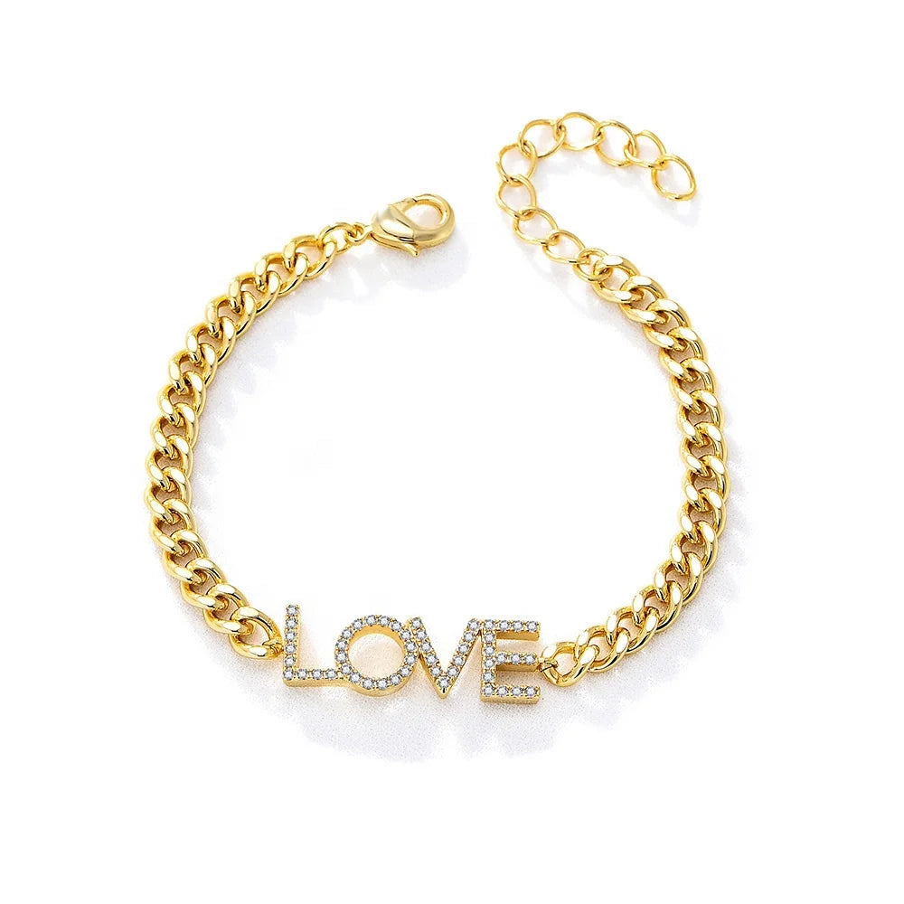 Brazilian love Letters Psj Brass Rhodium 18k Gold Plated Cubic Zirconia Adjustable Chain Link Bracelets for Women Men