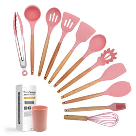 Reusable Adaptive Silicon Cooking Skimmer Stainless Steel Wood Tools Pink Camping 12 Pcs Silicone Kitchen Utensil Set