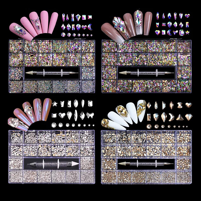 Shiny Crystal AB White Rainbow Nail Art Mix Shape Fancy in Box Flat Bottom Glass Nail Rhinestone Art Decoration Rhinestones