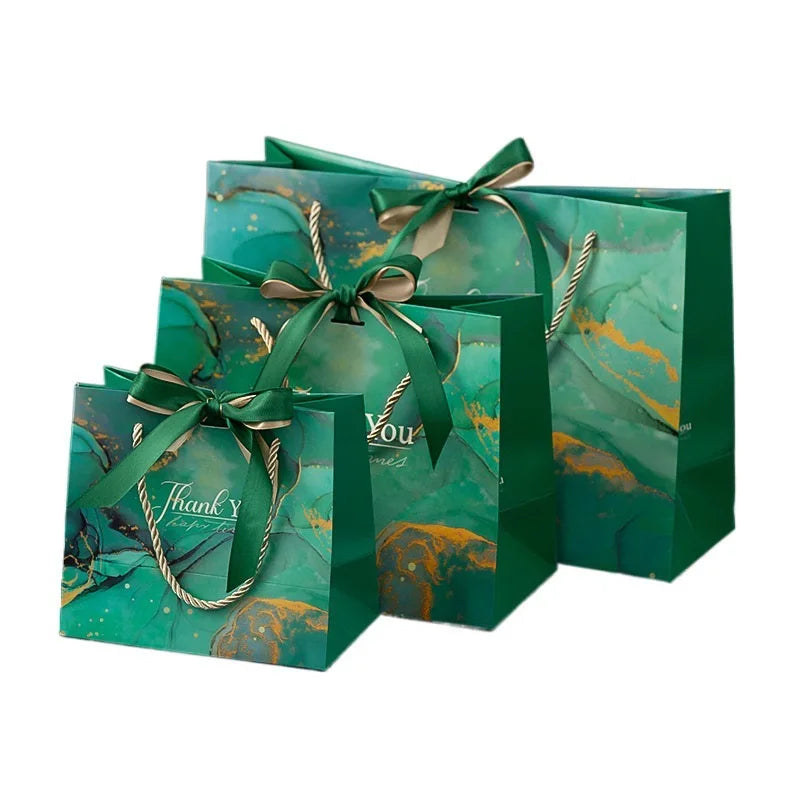 Custom Logo Elegant Wedding Green Marble Bags Thank You Gift Bags With Ribbon