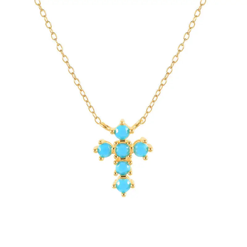 Fashion Jewelry 925 Sterling Silver Cross Pendant Necklace Cross Shape Turquoise Gold Plated Necklaces for Women