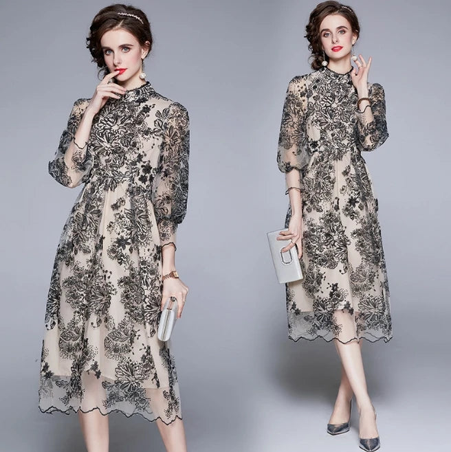 Summer Women's Temperament Gentle Sweet Embroidered Waistband 3/4 Sleeves Medium Length Mesh Dress