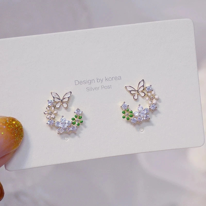 Sweet and Fresh Earrings Shining Zircon Earring Exquisite Flower Butterfly Earrings for Women