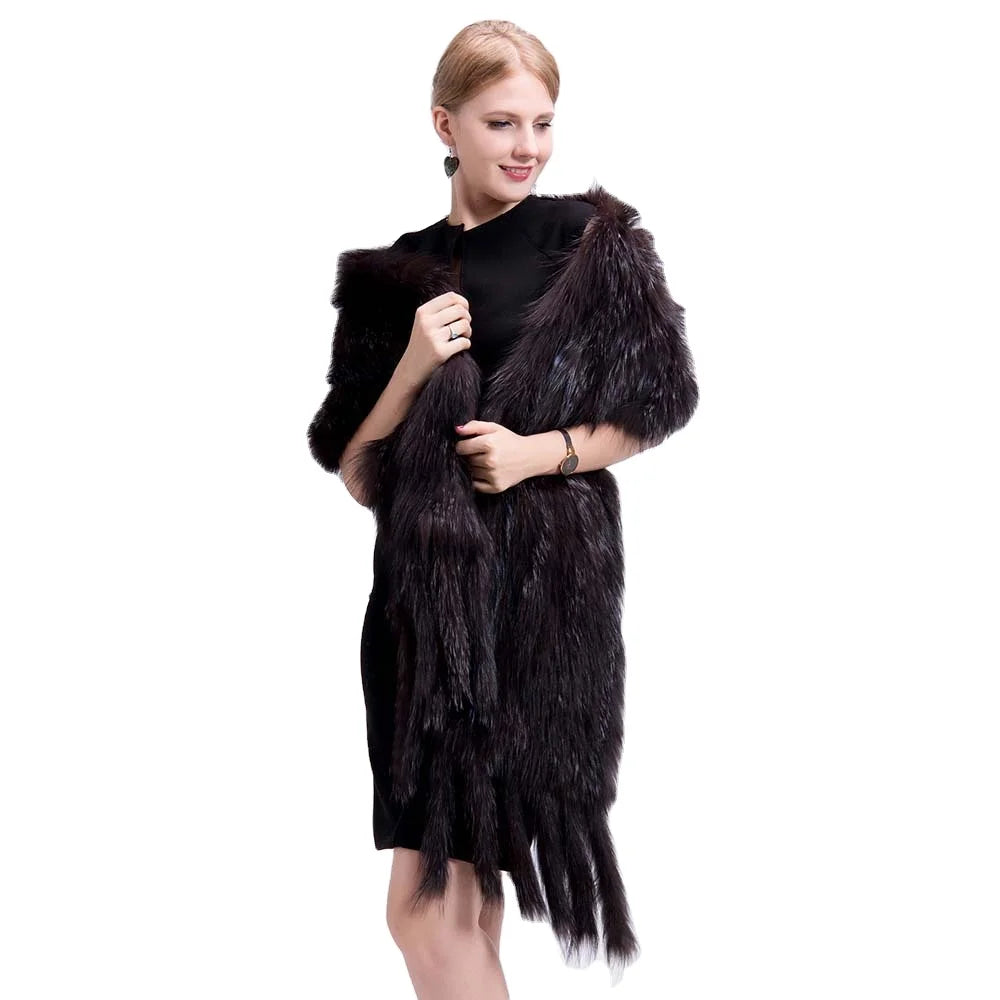 Hand Knitting Women Long Fluffy Luxury Fox Fur Shawl With Tassels