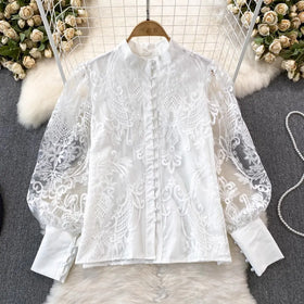 One Size Bubble Sleeve Shirt Velvet Splicing Heavy-duty Pleated Beaded Versatile Top