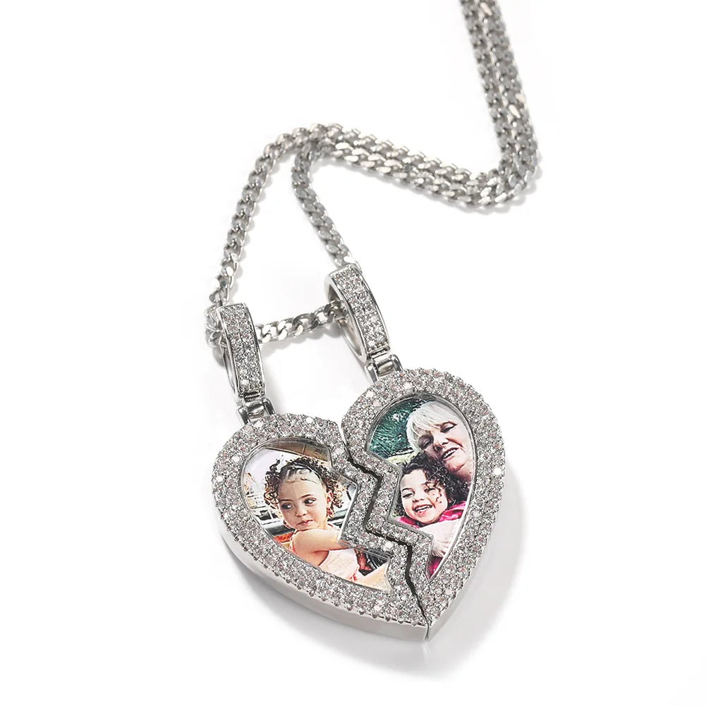 Qiuhan Hip Hop New Style Fashion Copper Inset Zircon Personality Magnet Heart DIY Photo Pendant Necklace
