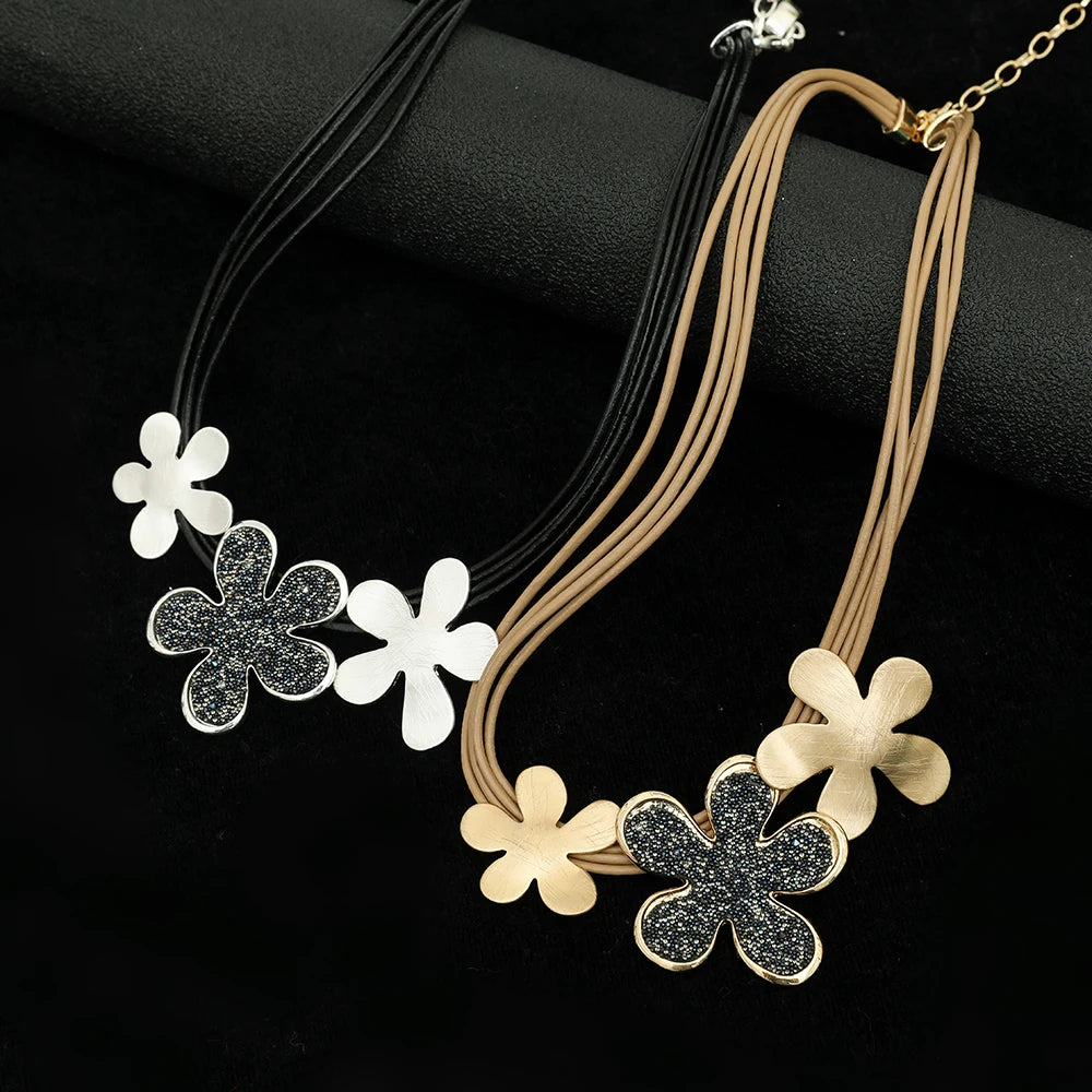 TongLing European Brushed Surface Choker Necklace Women Bling Beaded Flower Necklace for Daily Life