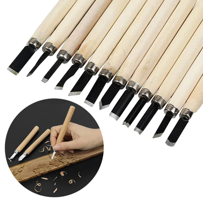 12pcs DIY Professional Wood Carving Chisel Knife Hand Tool Set with Straight Tip for Basic Detailed Carving Woodworkers Gouges