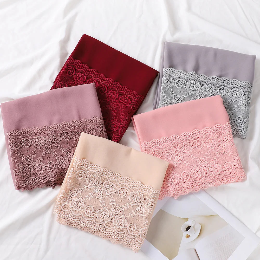 MIO New Muslim Hijab Soft Breathable Pearl Chiffon Lace Edge Head Scarf 175*75cm Plain Color Turban Scarf Wrap for Women
