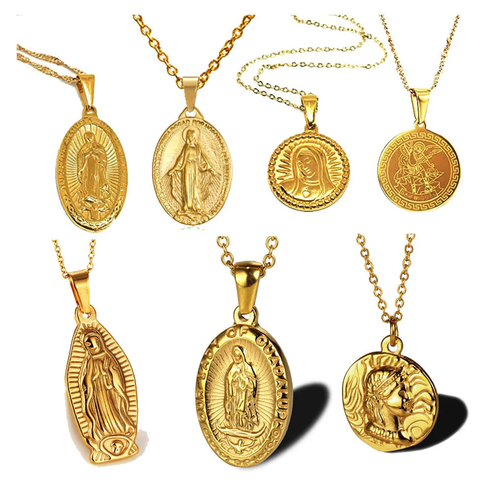 Tarnish Free Religious Saint Michael Pendant 18k Gold Plated Virgin Mary Medal Pendant Vintage Miraculous Guadalupe Necklace