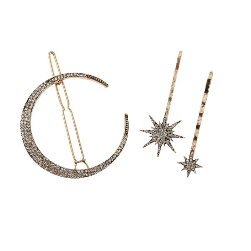 3 Set Premium Vintage Gold Silver Blonde Rhinestone Hairpins Accessories Moon Tiny Star Jewled Bobby Pins Snow Flake Hair Clip
