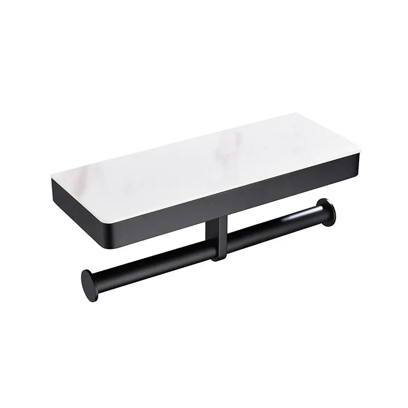 Black Stainless Steel and Striped Marble Phone and Paper Holder Rack Brushed Basin Shelf for Bathroom Common Toilet Shelf