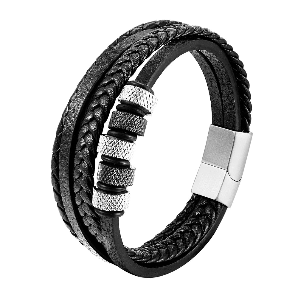 Multi-layer Braided Bracelet Men's Cowhide Genuine Leather Stainless Steel Leather Rope Leather Bracelet Jewelry OT-190