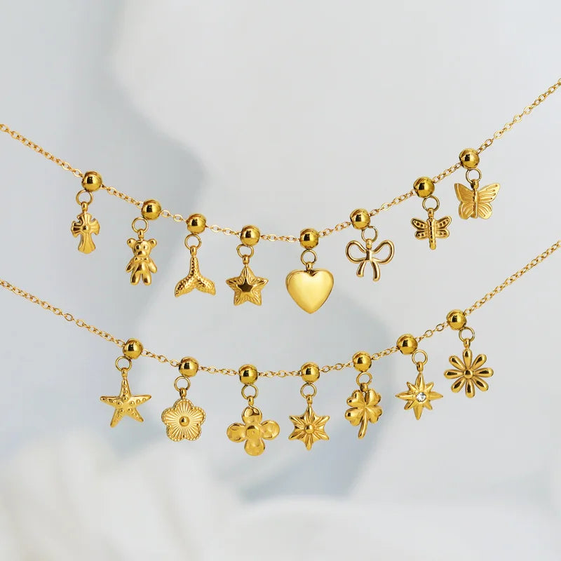 LUCKYDG Waterproof Non Tarnish Hypoallergenic 18K Gold Stainless Steel Charm Flower Star Butterfly Pendant DIY Necklace Jewelry