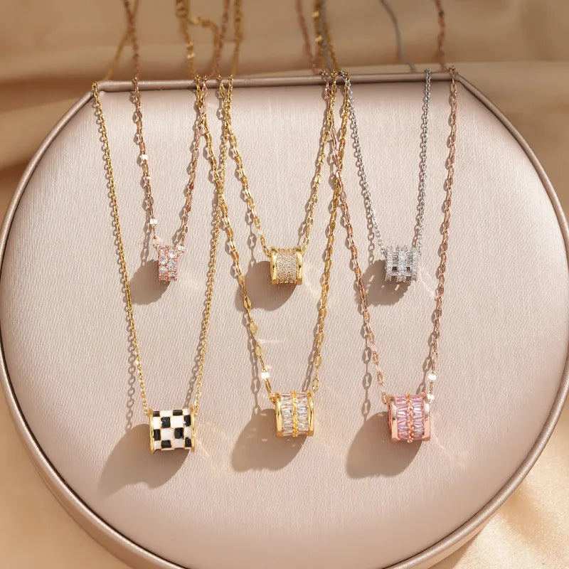New Colorful 18K Gold Plated Titanium Steel Necklace Enamel Finish 3A Zircon Inlaid Slide Barrel Gift Pendant Necklace for Women
