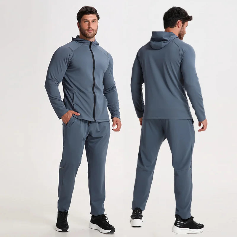 Mens Running Jacket and Pants Set Gym Clothing Two Piece Sportswear Men Autumn Spandex Polyester Tracksuits