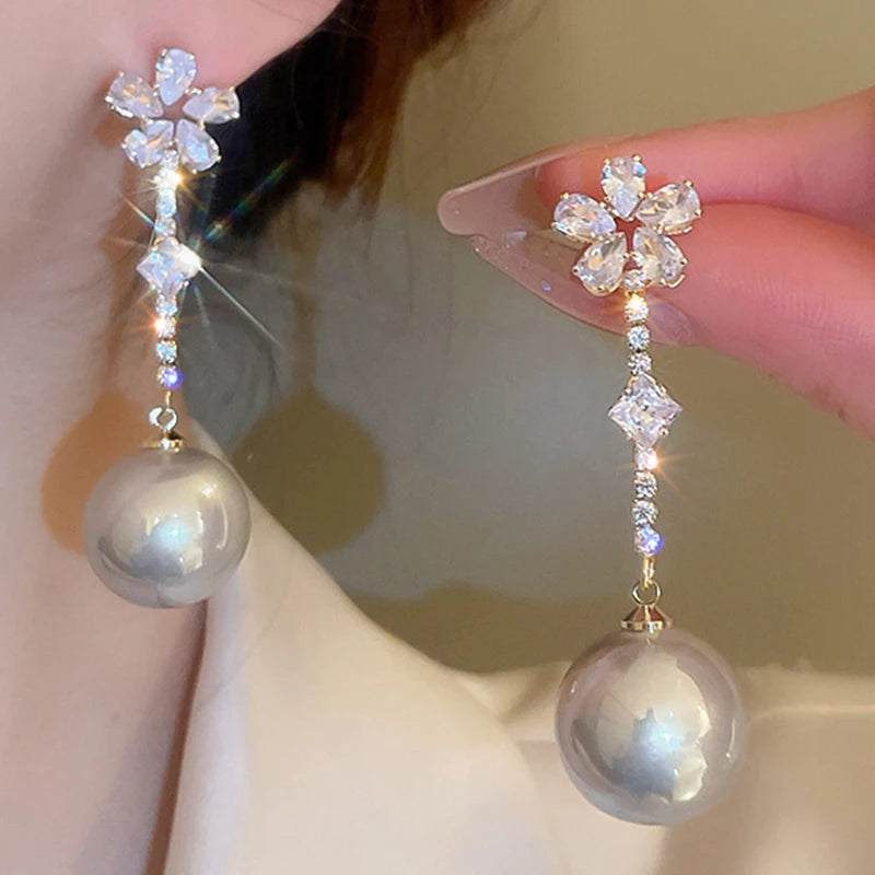 Shiny Diamond Rhinestone Dangle Tassel Big Pearl Earrings Silver Needle Zircon Pearl Flower Earrings
