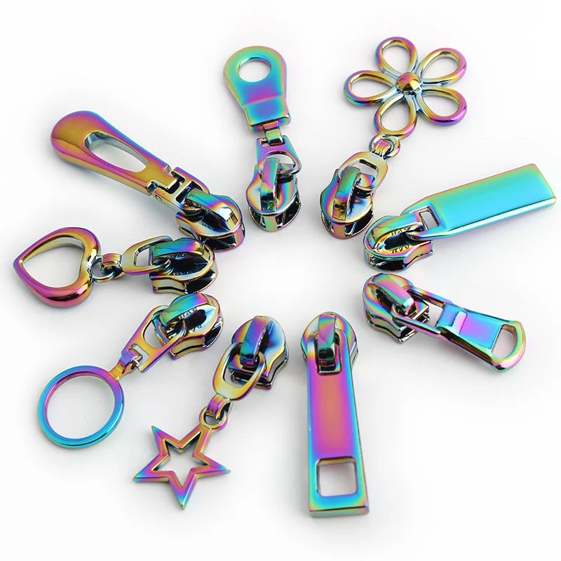 Nolvo World 9sizes Metal Love Slider Zipper Bag Parts Accessories Handbag Rainbow Stars Zipper Puller for Bags