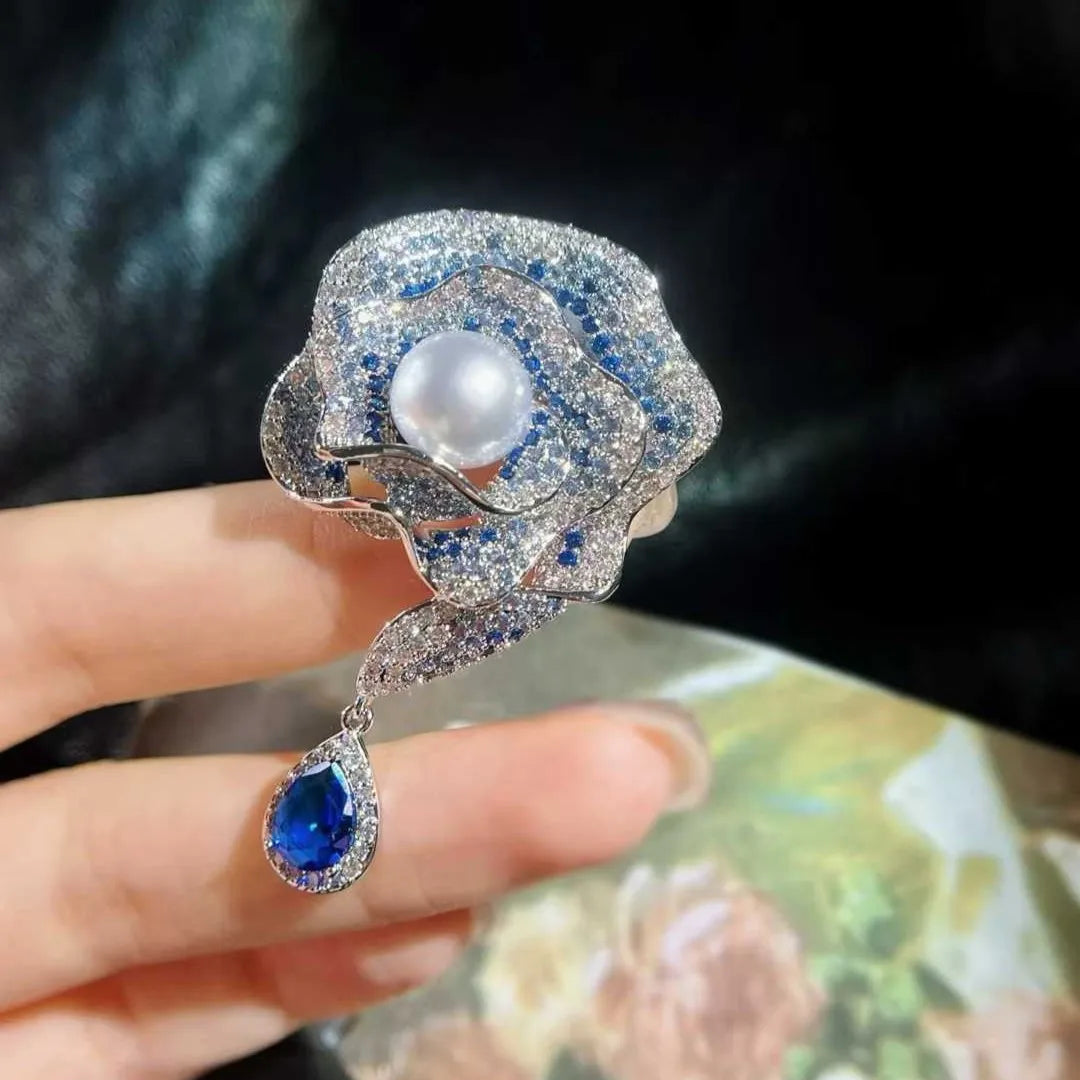 Blue Rose Blue Treasure Water Drop Brooch Inlaid 8-9mm Natural Freshwater Pearl Brooch Super Beautiful Jewelry for Women