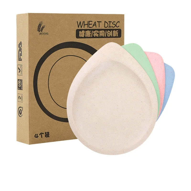 4pcs / Set Multicolor Environment-friendly Wheat Straw Plate Tableware Set Water Drop Plate Biodegradable Fruit Plate with Box