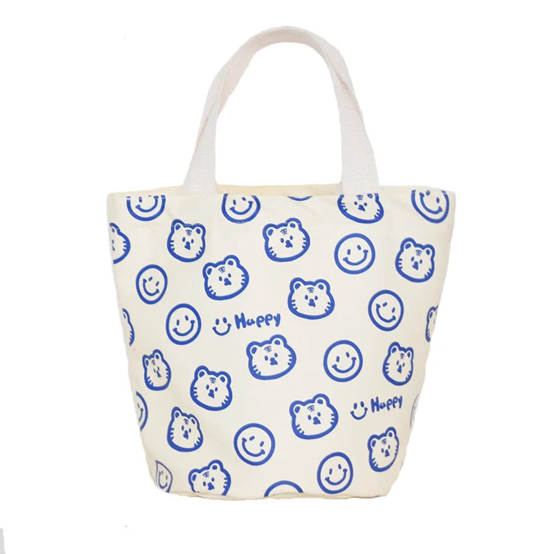 Cartoon Portable Cotton Canvas Lunch Bag Reusable Bento Tote Bag for Women