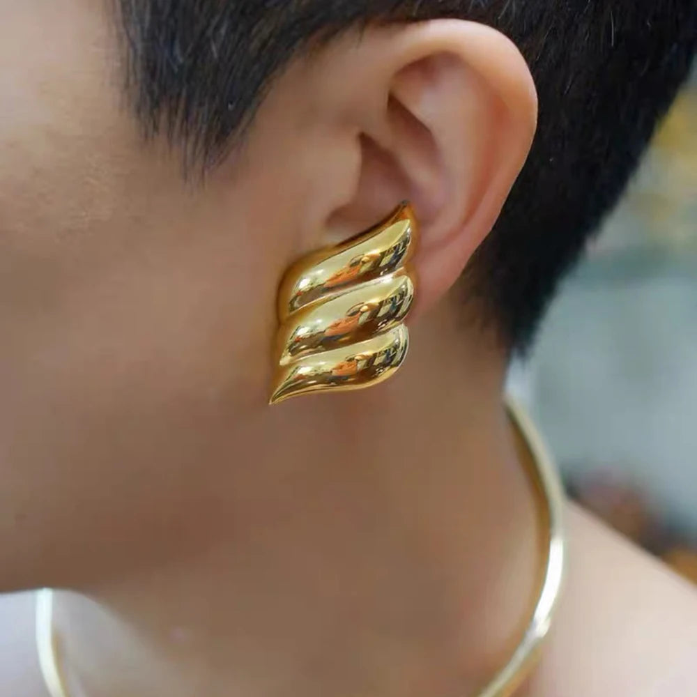 J&D Quite Luxury Stainless Steel 18K Gold Plated Handmade Earrings Geometric Wings Earring Studs