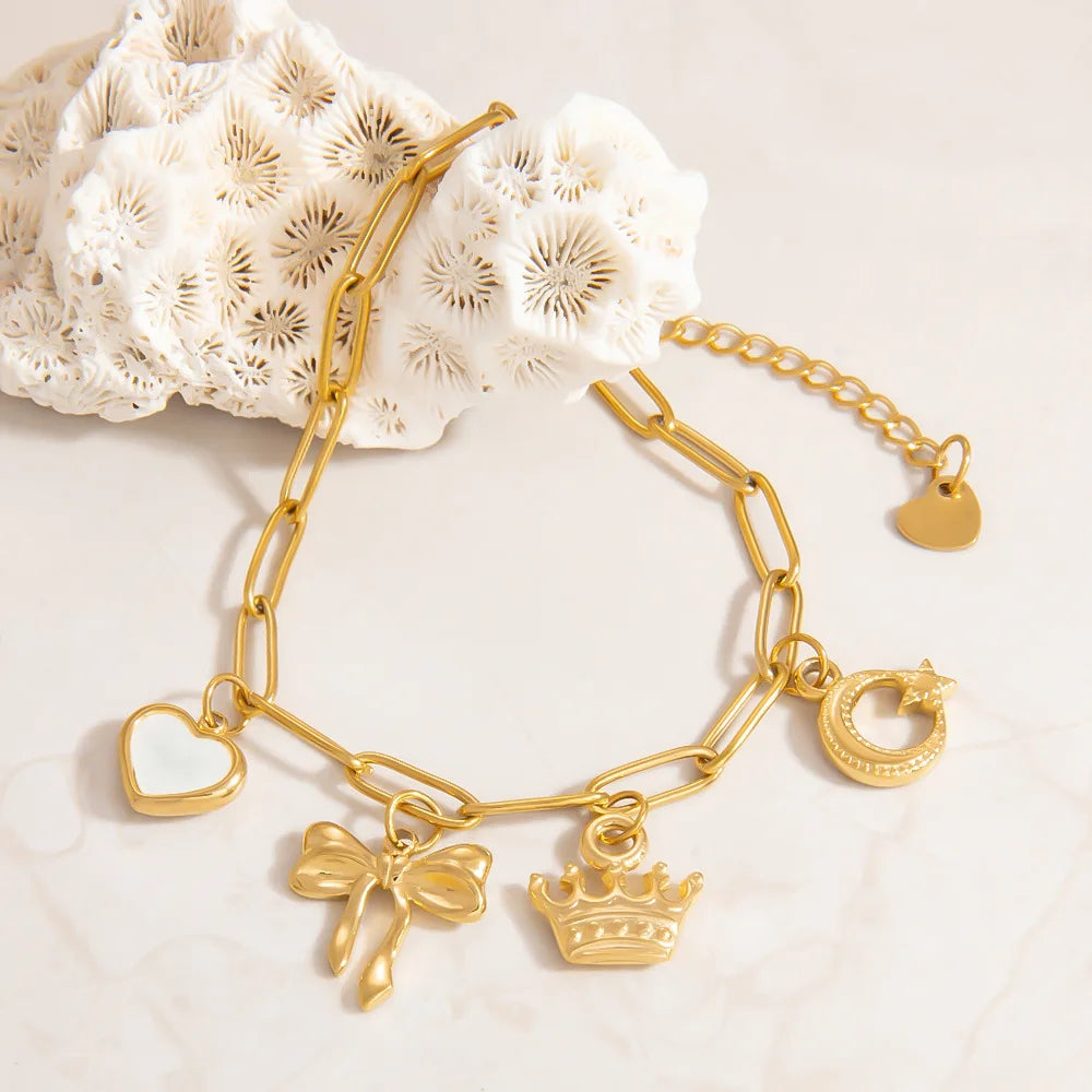 Summer Fashion Waterproof Jewelry for Women Ocean Beach 18k Gold Stainless Steel Chain Bow Heart Charm Bracelets