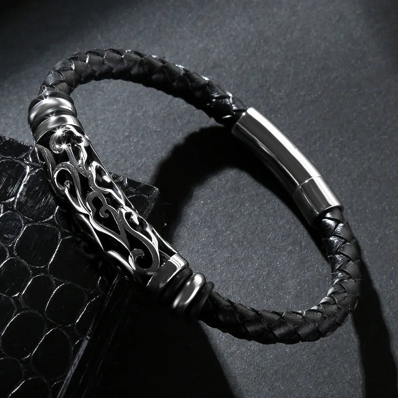 Simple Design Stainless Steel Magnetic Clasp Genuine Leather Bracelet for Men