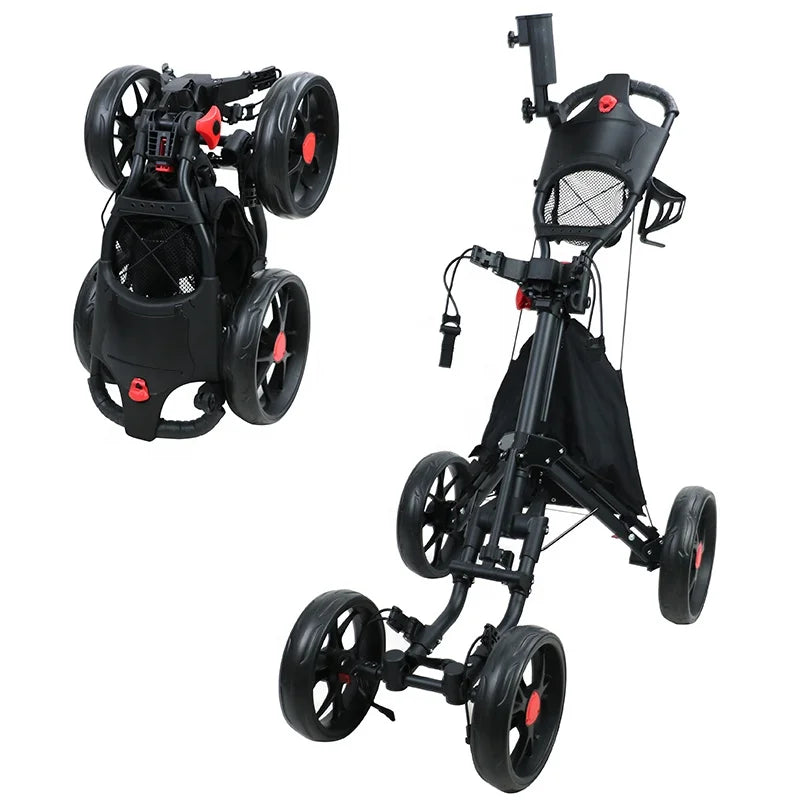 HOW TRUE Black Foldable 4 Wheel Golf Push Trolley Aluminum Golf Pull Cart With Foot Brake Umbrella Holder Drink Holder Cool Bag
