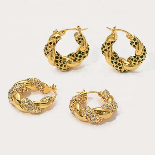 French Vintage High Jewelry Twist-wrapped Full Diamond Plated Real Gold Hoop Earrings