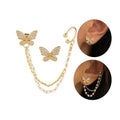 S925 Silver Needle Clip Earring Long Chain Ear Cuff Pearl Earring Trendy Crystal Butterfly Earrings
