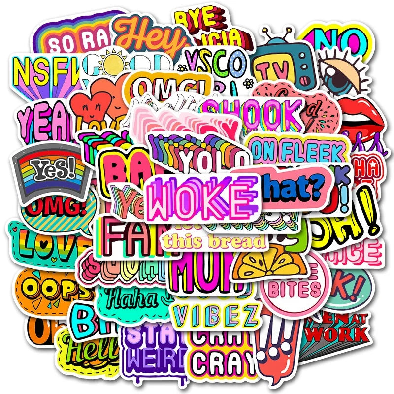 50Pcs Die Cut Vinyl English Phrase VSCO Sticker Pack for Laptop Phone Guitar Bike Skateboard Decorative Stickers