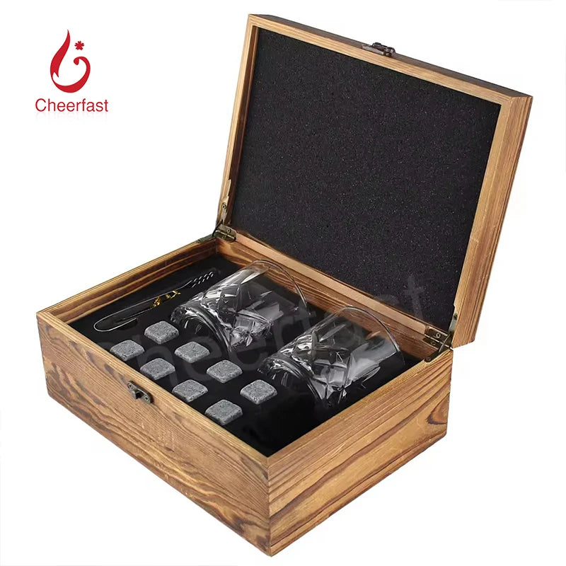 Lower MOQ Whiskey Chilling Ice Cube Rack Stones Wooden and Glass Gift Wood Box Set Granite Whisky Cooling Stone With Glasses Set
