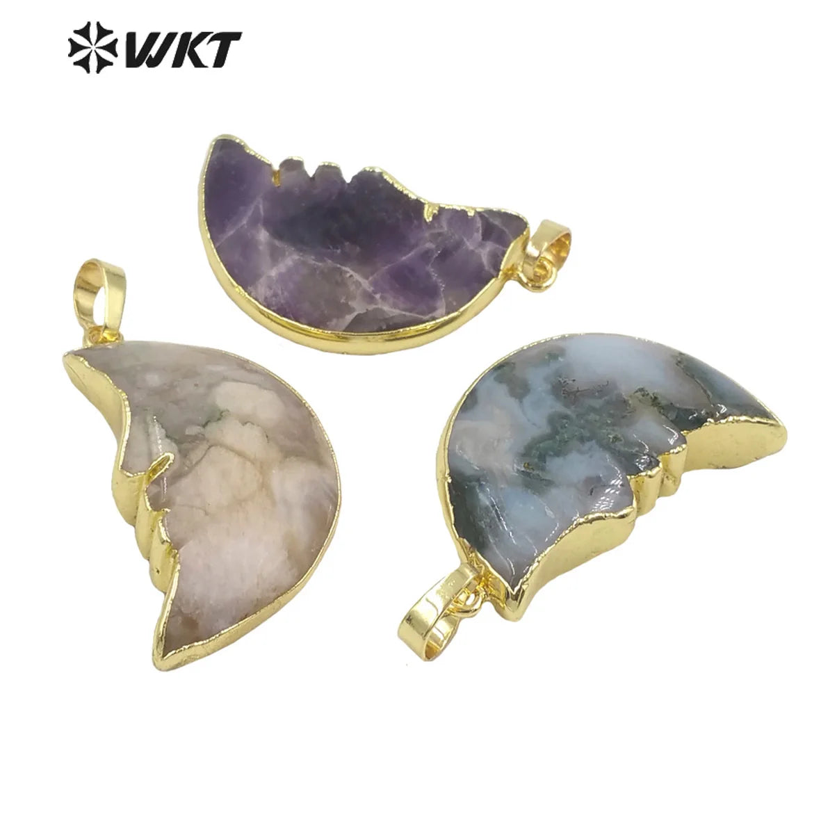 WT-P1761 WKT Unique Design Natural Amethyst Moon Shape Pendants Charms for Jewelry Nice Cherry Agate Pendants Face Pendants