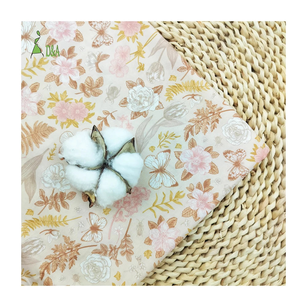 Pink Flower Butterfly Printed Organic 100% Cotton Woven Poplin Fabric for Shirts Dresses Skirts