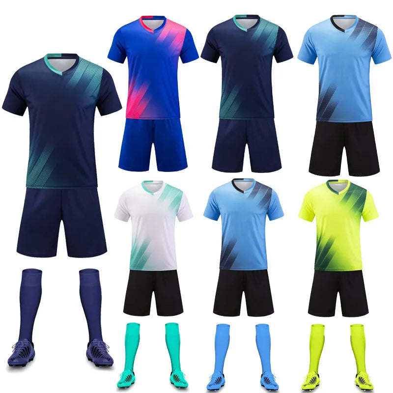 Custom Solid Men's Soccer Jersey Set Breathable Quick-Dry 100% Polyester Heat-Transfer Printed with Shorts