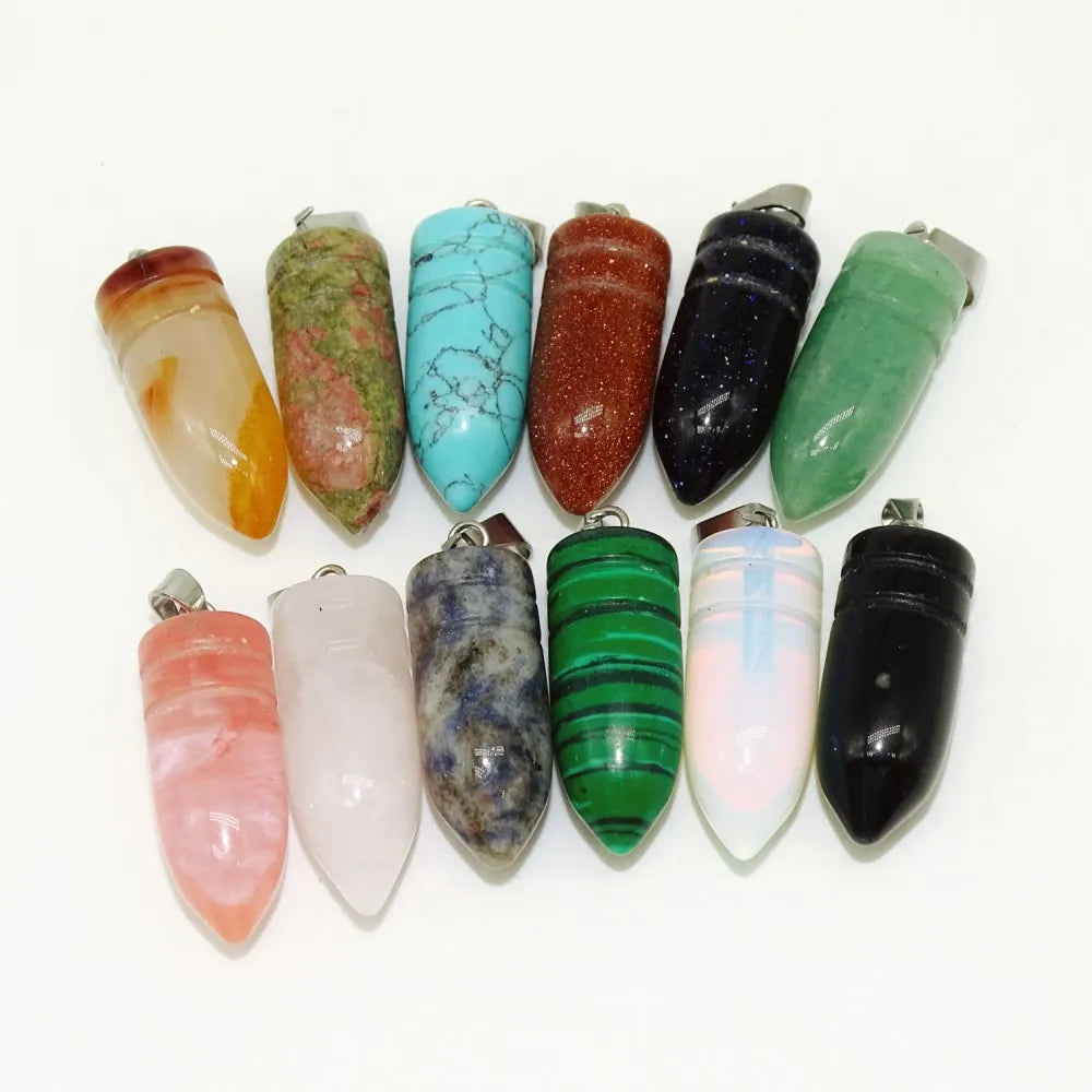100% Natural Stone Bullet Pendant Necklace Crystal Stone Stainless Steel Hexagonal Pendant for Men and Women Gemstone Pendants