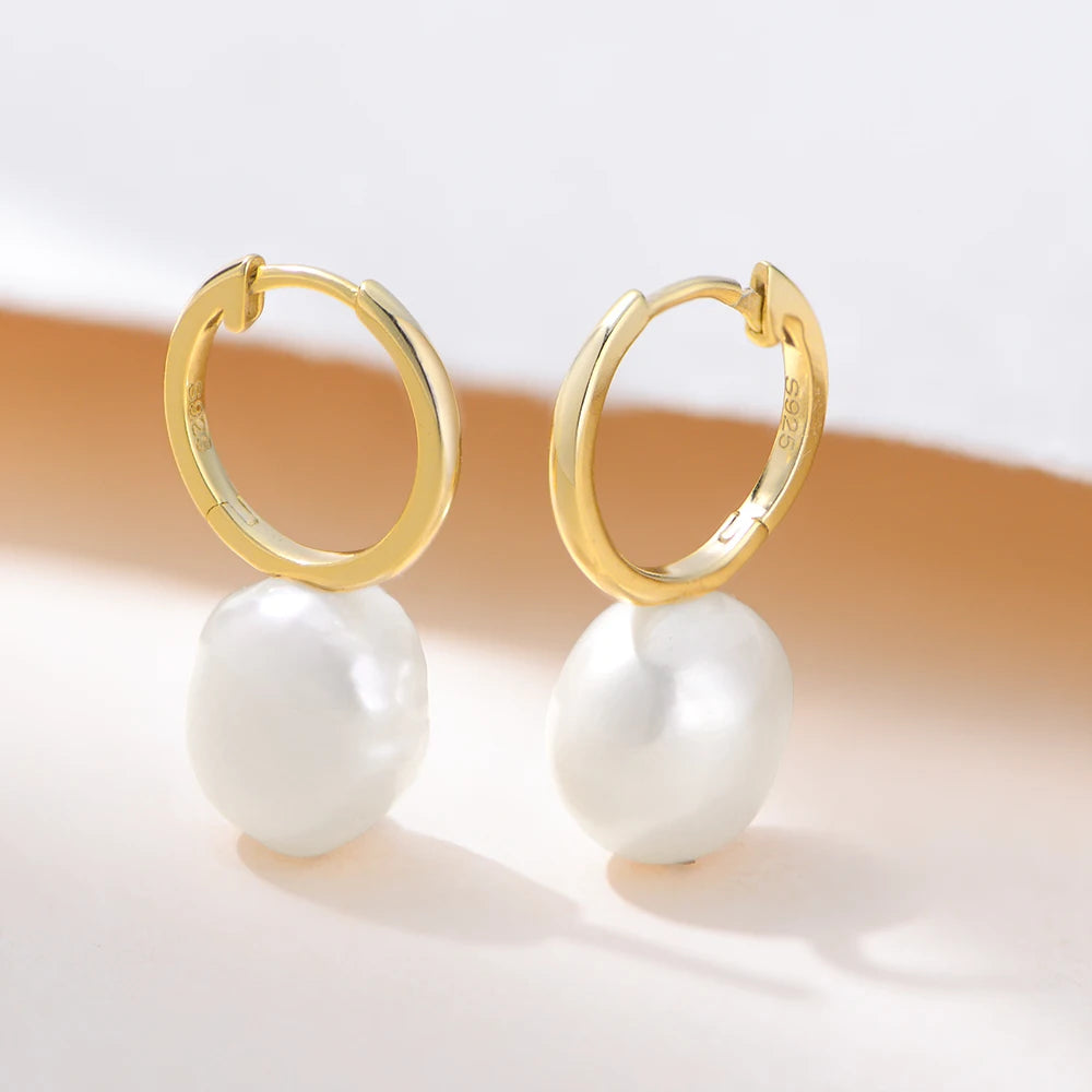 Wholesale Trendy Design S925 Sterling Silver Gold Plated Simple Temperament Natural Pearl Hoop Earrings
