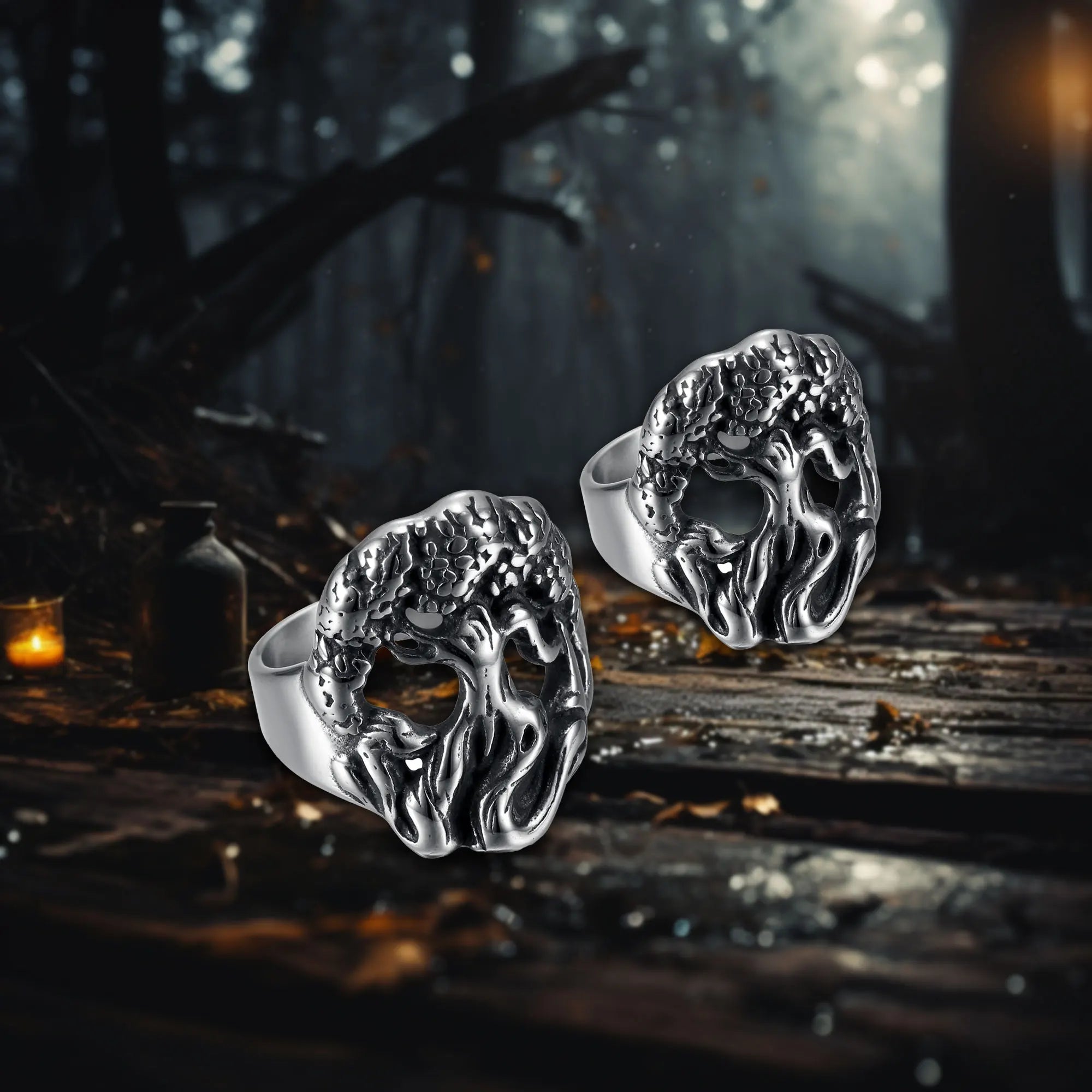 Wholesale Unisex 316L Stainless Steel Cluster Rings Silver Plated Tree Shape Design with Life Cycle Theme Unique Personal Gift