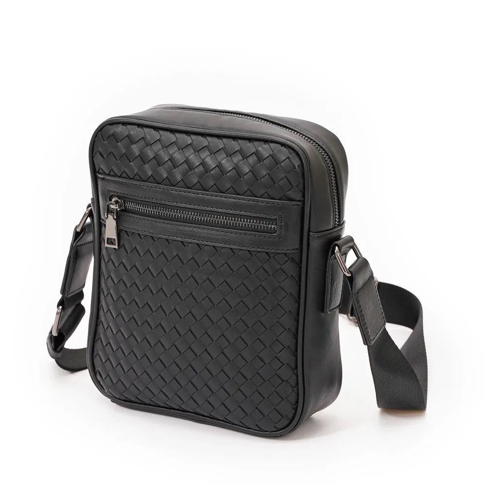 New Fashion Men's Messenger Bag Famous Brand PU Leather Woven Sling Shoulder Bags Knitting Design