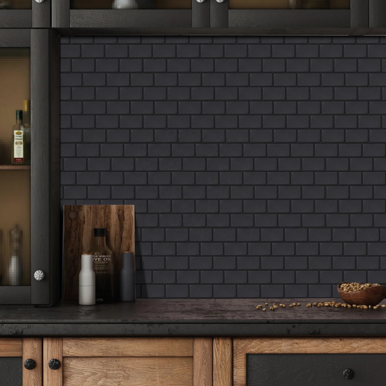 Black  Brick Style 12*12 Inch  Peel and Stick Wall Tiles Polished Glazed Marble Look Slab Wall Tiles Home Decor for Kitchen