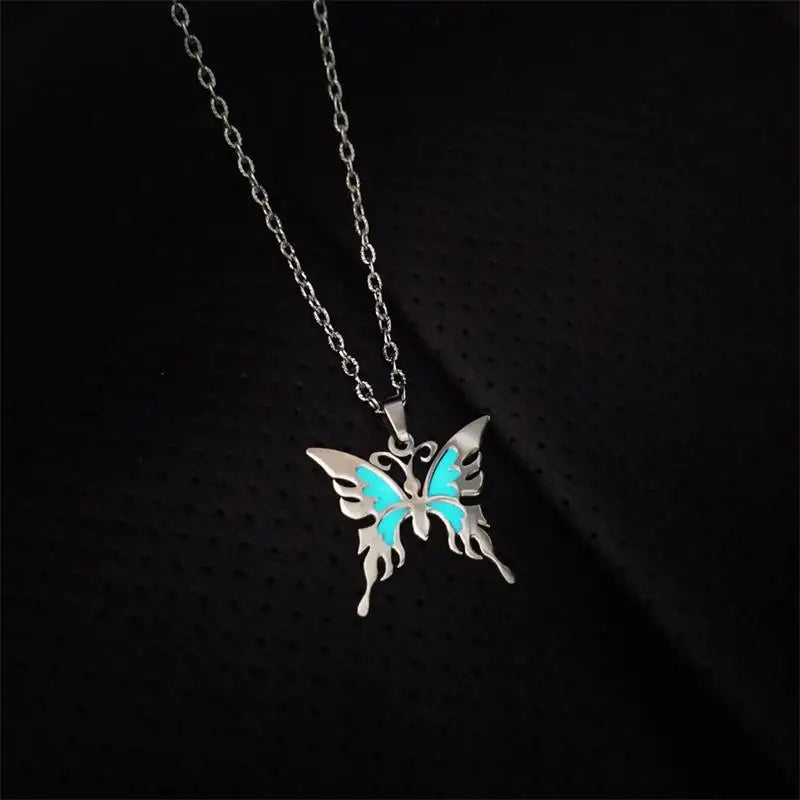 Fashion Women'S Creative Personality Glow in Dark Necklace Butterfly Pendant Stainless Steel Luminous Pendant Sweater Chain
