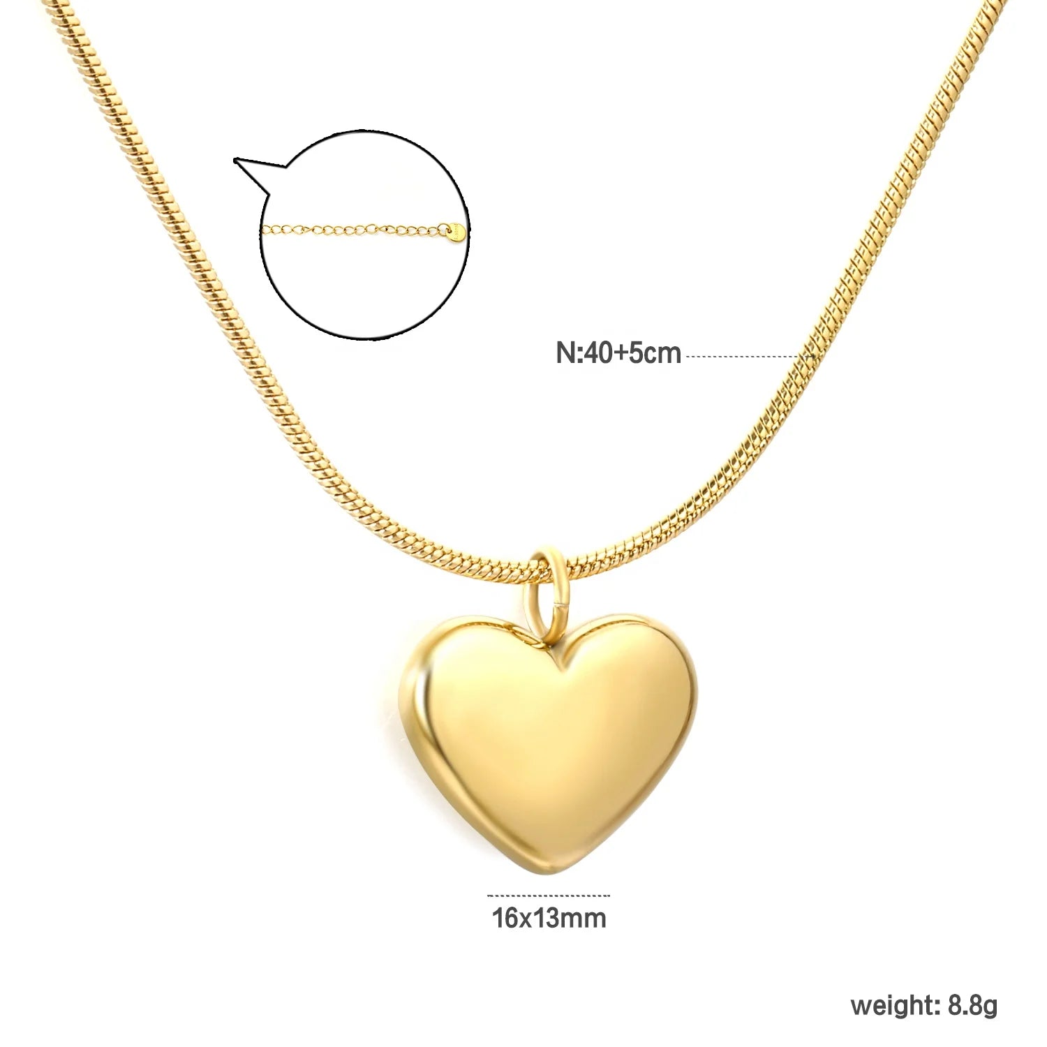 Custom Wholesale Minimalist Heart Necklace Jewelry Stainless Steel 18K Gold Plated Snake Chain Pendant Necklaces for Women