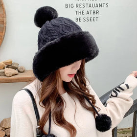 Hat Ladies Autumn and Winter Cute Mickey Hairball Sleeve Hat Warm Plus Velvet Ear protection Knitted Hat Manufacturers Direct